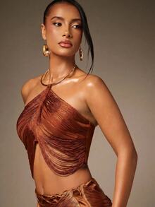 Hauture Fringe Crop Halter Top - Brown - View 3
