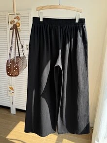 Comfortcana Plus Size Casual Black Textured 9-Length Pants - Black - View 2