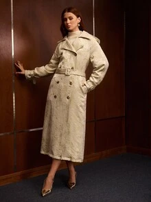 MOTF PREMIUM WOMEN'S AUTUMN JACQUARD MID-LENGTH TRENCH COAT - Green - View 7