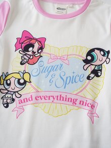 THE POWERPUFF GIRLS X SHEIN Tween Girl Cartoon Print Crew Neck Top And Striped Shorts Fitted Loungewear Set - Pink - View 4