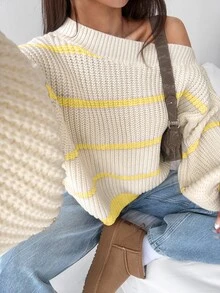 SHEIN Unity 綠色與白色條紋圖案不對稱領口落肩毛衣 早午餐秋季休閒款 - 彩色 - 查看 1