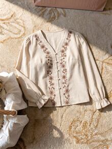 Elaquor Plus Floral Embroidery Flounce Sleeve Blouse Fall - Apricot - View 3