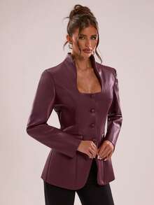 SHEIN BAE Blazer Kulit PU dengan Bantalan Bahu, Natal, Acara Sosial, - Burgundy - View 6