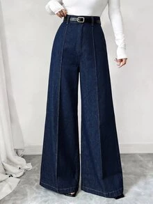Elenzga High Waist Wide Leg Jeans Without Belt - Dark Wash - View 3