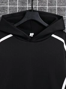 SHEIN 青少年男孩休閒拼接色黑色連帽梭織秋季衛衣，適合返校或外出穿著 - 黑色 - 查看 5