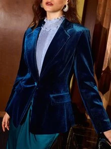 MOTF PREMIUM WOMEN'S AUTUMN/WINTER SLIM FIT ELEGANT VELVET BLAZER - Blue - View 2
