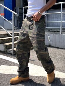 GALLERY FADE Men Camo Print Straight Leg Jeans Without Belt - Army Green - View 3
