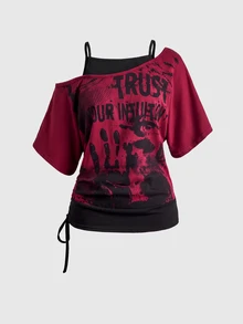 ROMWE Grunge Punk Letter Graphic Asymmetrical Neck Drawstring Side 2 In 1 Tee - Burgundy - View 1