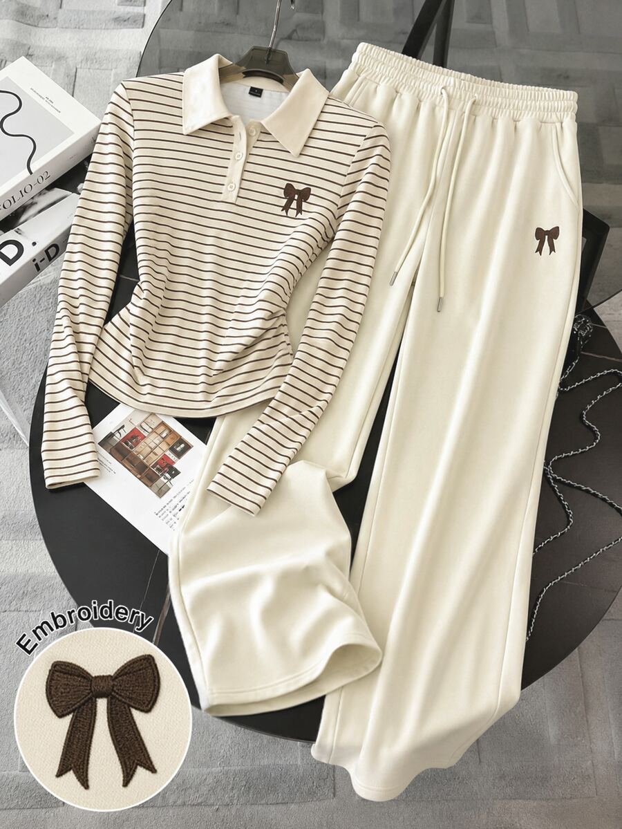GlowEve Set Kemeja Polo Lengan Panjang Motif Garis-Garis dengan Bordir dan Pita serta Celana Jogging dengan Tali Pinggang - MultiWarna - View 1