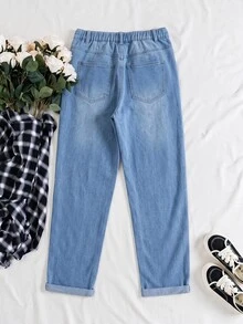 SHEIN Jeans rasgados con estampado floral & leopardo y borde crudo talla grande - Azul - Ver 2
