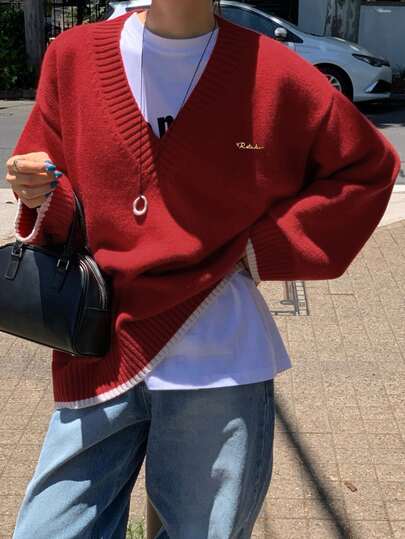 DAZY Letter Embroidery Drop Shoulder Sweater Without Tee