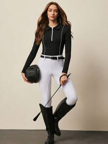 Easithlete Contrast Piping Zipper Front Tee - Multicolor - View 5