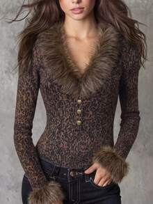 LUMIGAL Leopard Print Fuzzy Trim Button Front Top - Brown - View 3