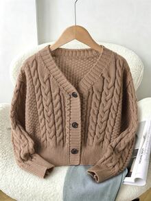 SHEIN Tween Girl Solid Drop Shoulder Cable Knit Cardigan - Brown - View 1