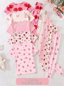 Tween Girl Random 1set Short Sleeve Sleep Top & 1pc Sleep Pants Pajamas Set - Multicolor - View 2