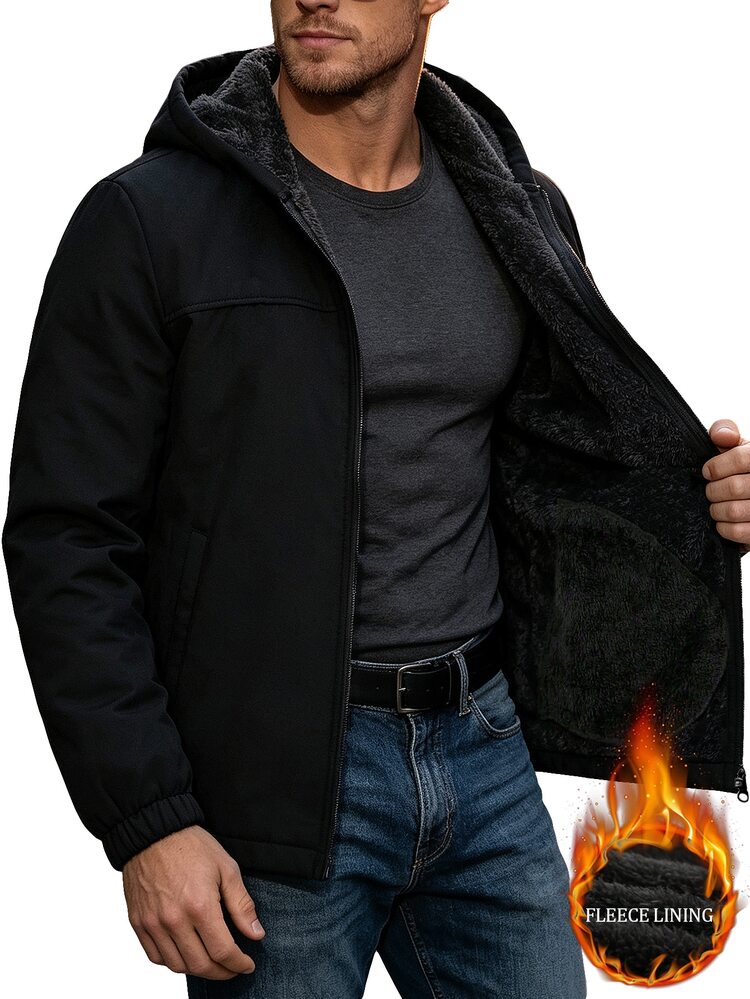 Manfinity Homme 男士泰迪絨內裡連帽夾克 - 黑色 - 查看 2