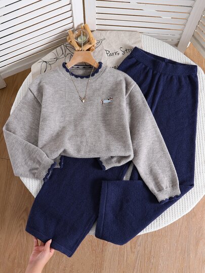 Tween Girl Cartoon Embroidery Drop Shoulder Sweater & Knit Pants