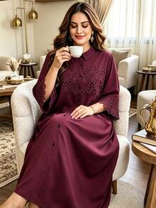 Al Najma Plus Contrast Guipure Lace Trumpet Sleeve Shirt Dress - Red Violet - View 8