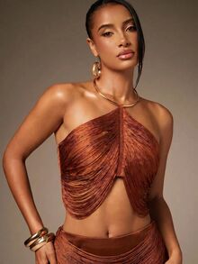 Hauture Fringe Crop Halter Top - Brown - View 1