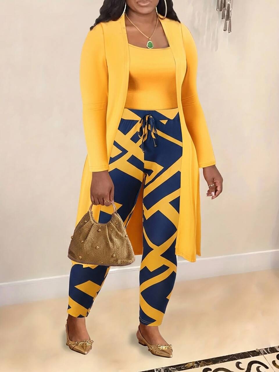 3 Pack Plus Size Women Autumn/Winter Casual Soft Form Vacation Solid Soft Yellow Navy Blue Jacket, Vest And Geometric Print Leggings 3 Pieces Set