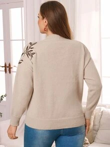 Rosumi Plus Plants Embroidery Drop Shoulder Sweater Winter Women Fall Winter Sweater Embroidered Pullover Sweater - Khaki - View 3