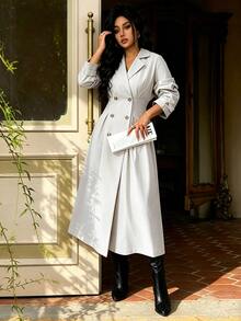 Elenzga Double Breasted Lapel Neck Coat - Grey - View 4