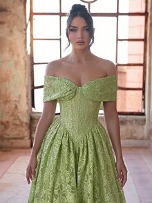 Aureia Elegant Formal Romantic 3D Lace Tube Strapless Bodice With Waist Mesh Sheer Effect, Boning Structure, Oversized A-Line Skirt, Wedding Prom Green Fall - Green - View 6