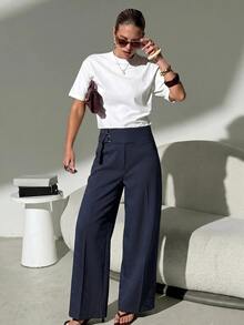Lavishia Blue Striped Low Waist Straight Leg Suit Pants With Pockets, Suitable For Commuting - Royal Blue - View 6
