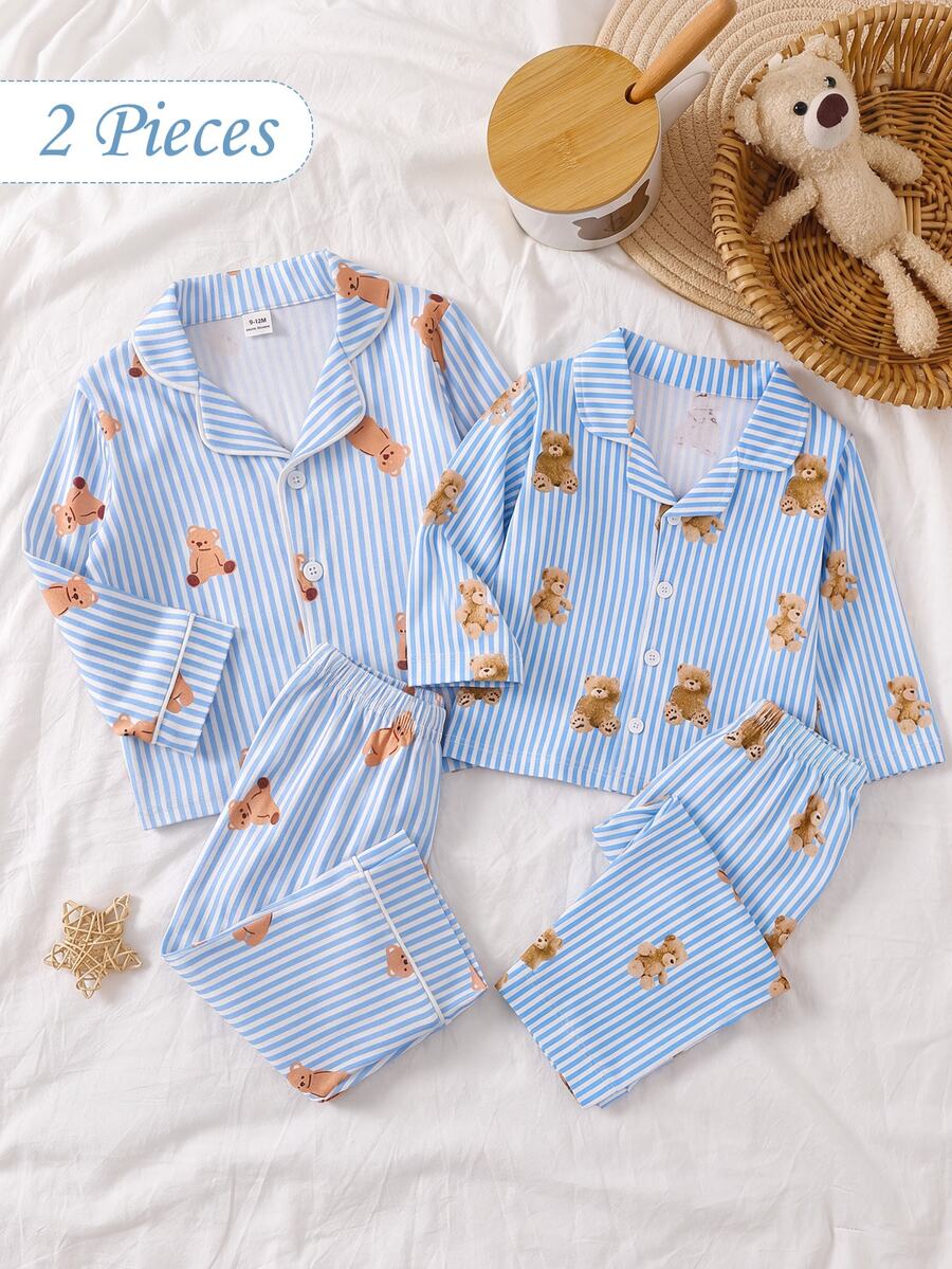 Baby Boy Striped & Bear Print PJ Set - Multicolor - View 1