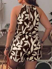 SHEIN VCAY Plus Plants Print Halter Neck Romper - Brown - View 2