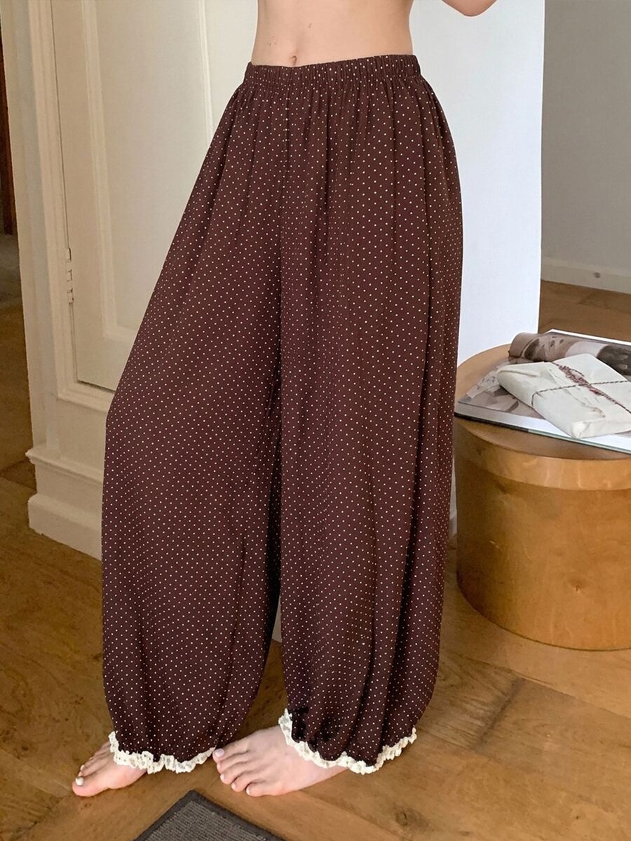DAZY Polka Dot Print Contrast Trim Sleep Pants - Brown - View 1