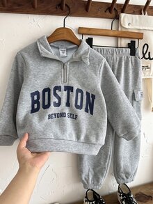 SHEIN 兒童2件組小男孩休閒套裝－立領套頭連帽衛衣與保暖內裡秋季長褲，適合冬季、學校、開學，舒適套裝 - 深灰色 - 查看 7
