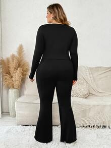 Plussiva Plus Size Maternity Solid Color Ruched Top And Adjustable Waist Long Pants Casual Maternity Daily 2 Pieces Set Photoshoot Black Autumn Basic Cute Chic - Black - View 2