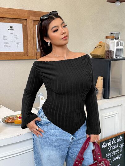 Muchica Plus Size Women's Solid Color Off-Shoulder Long Sleeve Ribbed Asymmetrical Hem T-Shirt Fall