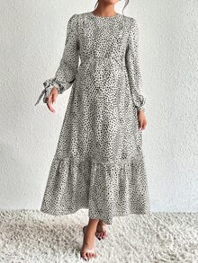 SHEIN 孕婦哺乳圓領波點印花洋裝 - 白色 - 查看 5
