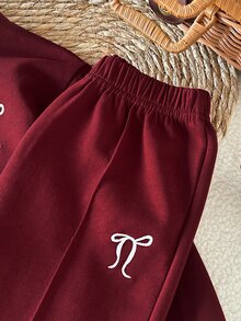 SHEIN Girls' Spring/Fall Outfits  Sporty Bow Embroidered  Long Sleeve Sweatshirt Set, Simple And Comfortable,Fall Outfits Suitable For Sports Casual Wear - Red - View 5