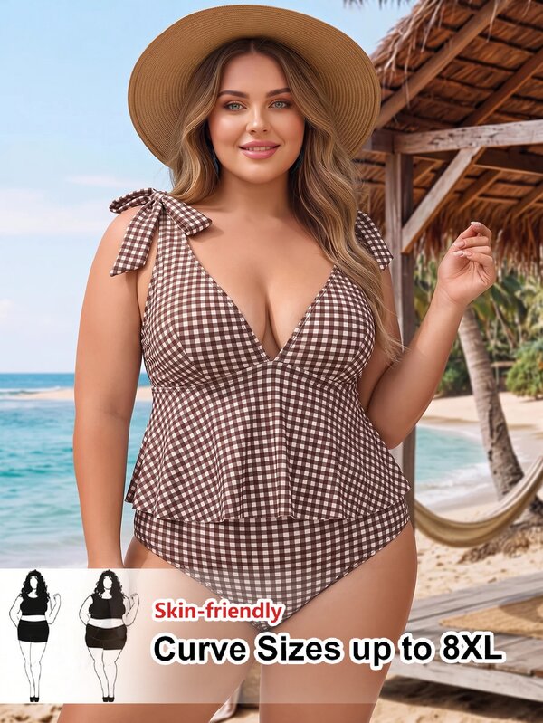 SHEIN CURVE+ Plus Gingham Tie Shoulder Tankini Swimsuit