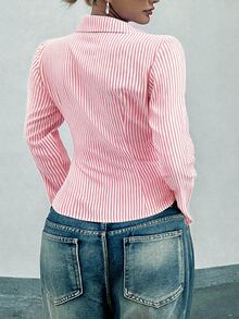 SHEIN 條紋印花前開扣襯衫 - 西瓜粉 - 查看 2