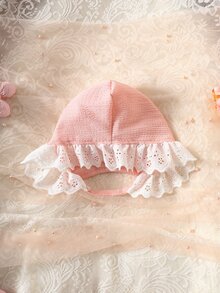 SHEIN 2pcs Newborn Baby Girl Footed Jumpsuit Sweet Pink Bow Eyelet Lace Ruffle Hat Long Sleeve Round Neck Regular Birthday Autumn Ballet First Birthday - Pink - View 4