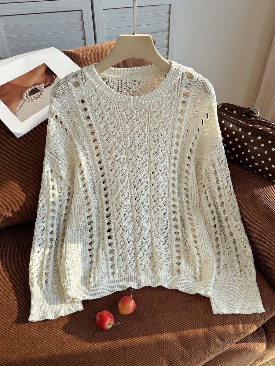 Comfortcana Plus Solid Pointelle Knit Sweater Fall - White - View 1