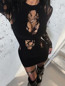 Jeanoix 撞色網紗性感緊身洋裝 - 黑色 - 查看 5