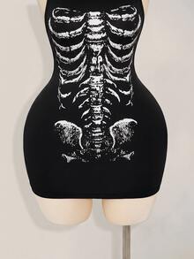 SHEIN ICON Vestido ajustado con estampado de esqueleto - Negro - Ver 7