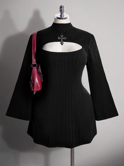 SHEIN ICON Plus Cut Out Front Mock Neck Trompetmouw Truienjurk