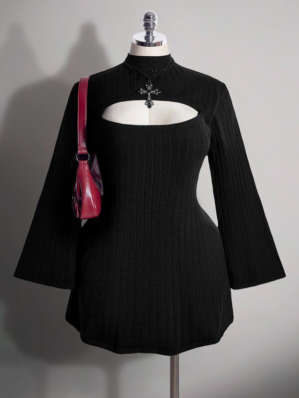 SHEIN ICON Plus Cut Out Front Mock Neck Trumpet Sleeve Sweater Dress