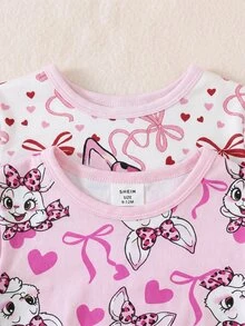 SHEIN 女嬰 2套裝卡通兔子蝴蝶結愛心印花領邊上衣與長褲睡衣套裝 - 粉色 - 查看 6