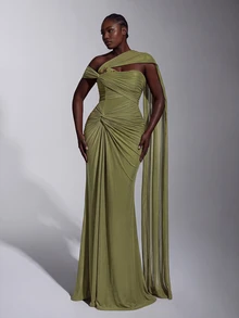 Elitara Plus Size Classy Olive Green Knit Mesh One Shoulder Slimming Ruched Asymmetrical Floor Length Mermaid Evening Gown Dinner Women Fall New Year - Green - View 3