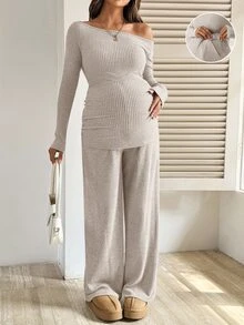 SHEIN 孕婦純色不對稱肩長袖T恤與可調腰長褲兩件套 - 杏色 - 查看 1
