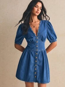 Poéselle 1Pc Button Front Scallop Trim Denim Dress Teacher Outfits For Women - Medium Wash - View 8