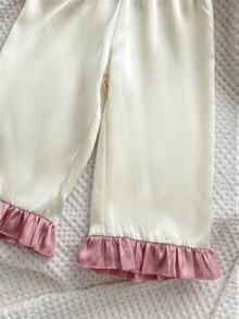 SHEIN 女嬰蝴蝶結前襟對比包邊荷葉邊睡衣套裝 - 米色 - 查看 8