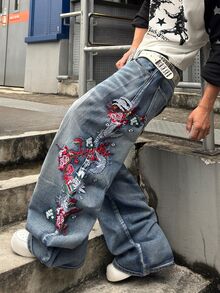 STEELVANCE Men Floral Embroidery Washed Wide Leg Jeans - Light Wash - View 1